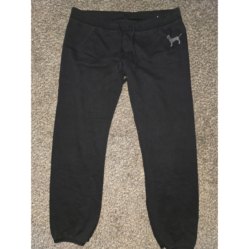 Victoria's Secret PINK Black Rhinestone Logo Sweatpants Joggers Womens Small
